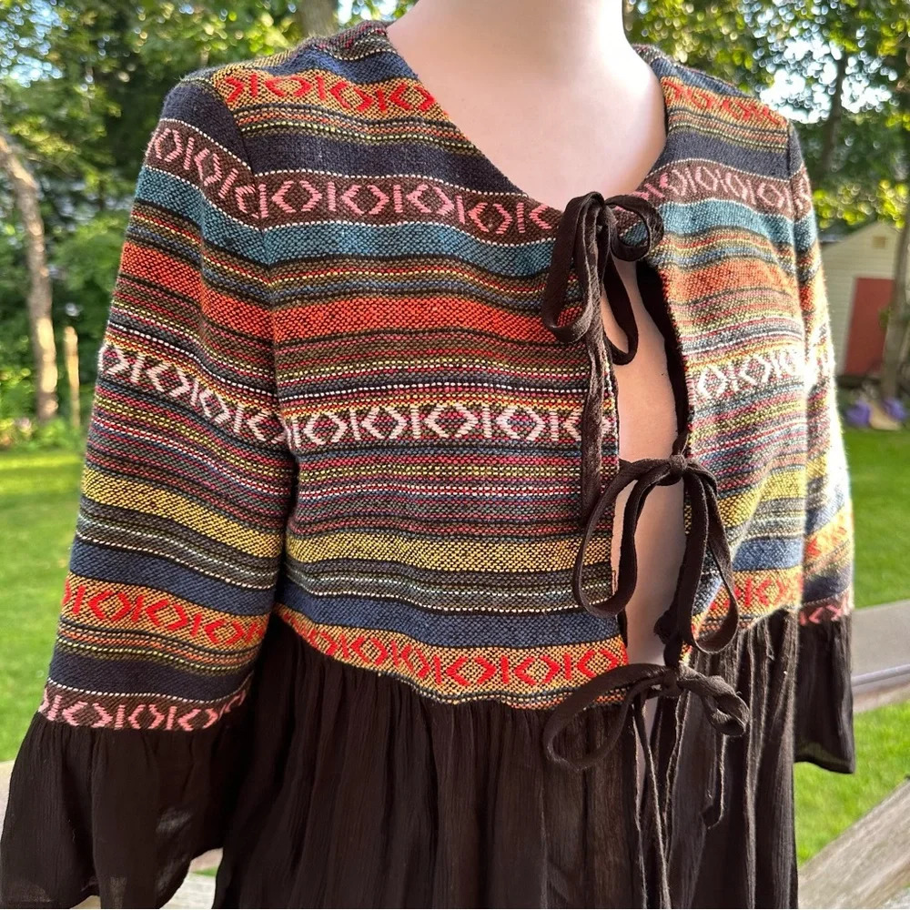 Anthropologie Pleione Boho Tribal Cardigan Jacket Tie Bell Sleeve XS - Picture 4 of 10